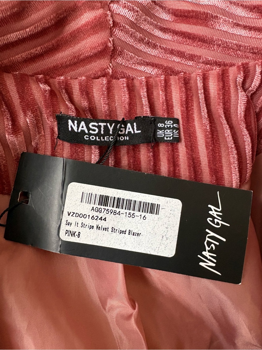 Nasty Gal Collection Pink Crushed Velvet Ribbed Double Breasted Lined Blazer NWT - Picture 7 of 10